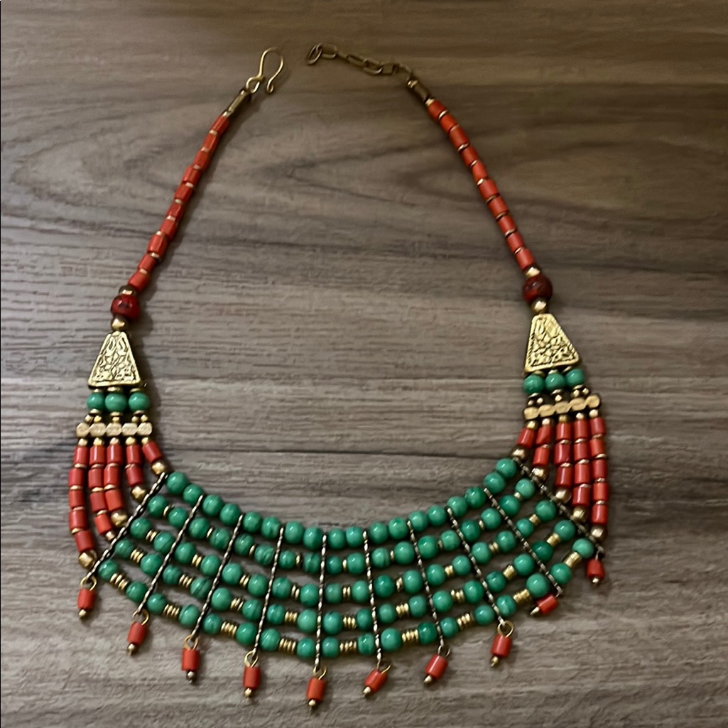 Old Egyptian Revival Massive Chunky Runway Collar Necklace - Green, Gold & Red